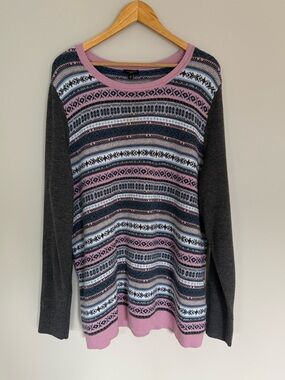 Talbots Pink Gray Fair Isle Lambswool Blend Crew Neck Nordic Sweater Sz 2X